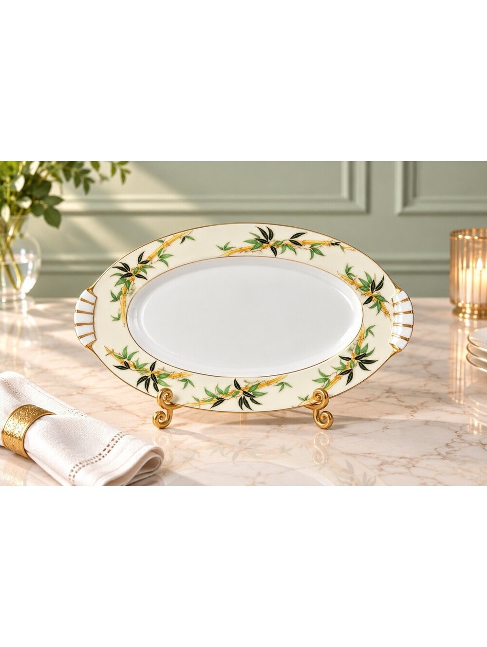 Kent China Japan 1950s Oval Serving Platter Bali Hai Bamboo Gold, 13x9"